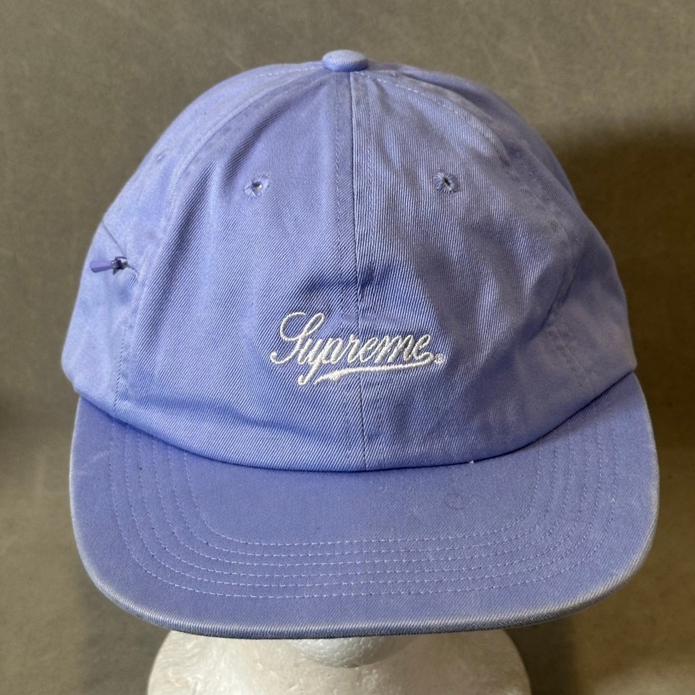 Supreme Script Logoโ Side Pocket 6-Panel Hat Purple Cotton Leather Strap USA Cap